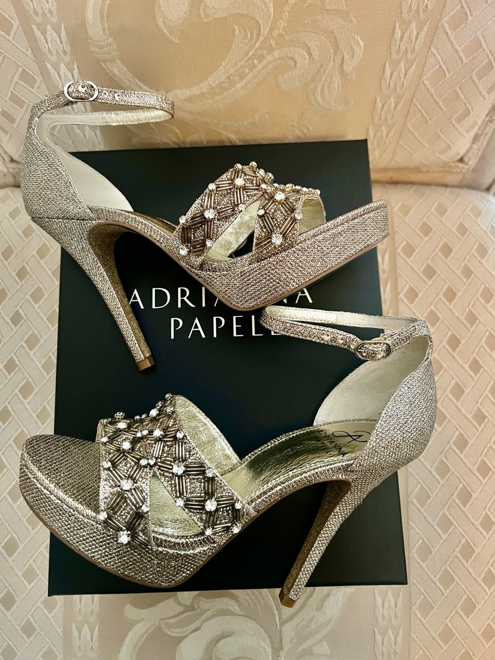 Adrianna Papell Beaded Metallic Gold Ankle-Strap 5”Heels Size 7 Leather Lining